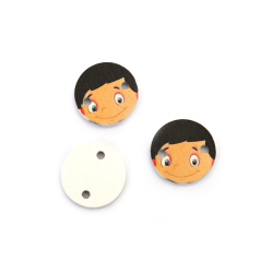 Round Wood Connecting Element with Printed Boy Face / 20x2 mm, Hole: 2 mm - 10 pieces