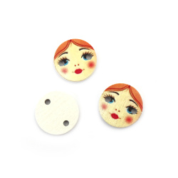 Round Wood Connecting Element with Printed Girl Face / 20x2 mm, Hole: 2 mm - 10 pieces