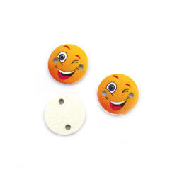Round Wood Connecting Element with Printed Smiley Face / 20x2 mm, Hole: 2 mm - 10 pieces