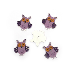 Wood Owl Button / 33x32x2 mm,  Hole: 1 mm / Purple - 10 pieces