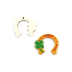 Wooden Horseshoe Pendant with Clover / 26x30x2 mm, Hole: 2 mm - 10 pieces