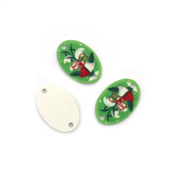 Wood Connecting Oval with Printed Snowdrop / 30x20x2 mm,  Hole: 2.5 mm - 10 pieces