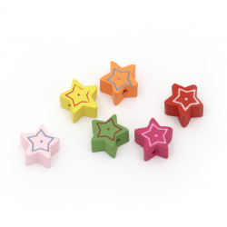 Painted natural wooden star bead 14x7.5 mm hole 2 mm Assorted colors - 20 pieces