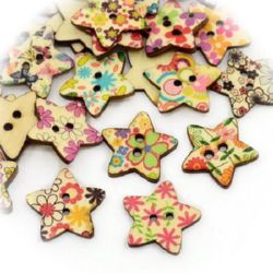 Star wooden flat button with print 24x25x3 mm hole 3 mm mix - 10 pieces