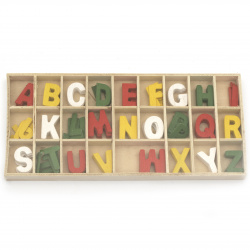 Комплект дървени букви цветни 26 вида x 5 броя в кутия 8.5x21x1.5 см