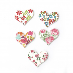 Heart wooden button, flat with print 23x29x2.5 mm hole 2 mm - 10 pieces