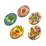 Wooden oval button, flat with butterfly print  29x22x2.5 mm hole 2 mm - 10 pieces