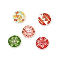 Round wooden button, flat with print 15x4 mm hole 1 mm mix - 10 pieces