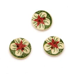 Printed Round Wooden Button, 15x4 mm, Hole: 1.5 mm -10 pieces