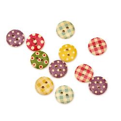Round wooden button, flat with print 15x4 mm hole 2 mm mix - 20 pieces