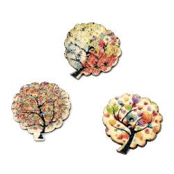 Wooden button, flat tree with print 30x29x2 mm hole 1 mm mix - 10 pieces