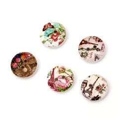 Round Wooden Buttons with Vintage Design, 15x4 mm, Hole: 1.5 mm, MIX -10 pieces