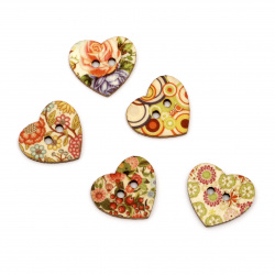 Heart wooden button, flat with print 23x25x3 mm hole 2 mm mix - 5 pieces