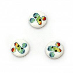 Round wooden button, flat with print 15x4 mm hole 1 mm - 20 pieces