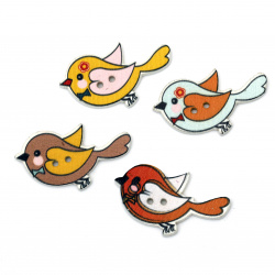 Bird shaped wooden button, flat with print 24x40x2.5 mm hole 2 mm mix - 10 pieces