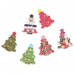 Printed Wooden Buttons / Christmas Tree, 34x25x2 mm, Hole: 1 mm -10 pieces