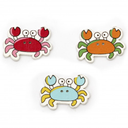 Crab wooden button, flat with print 22x30x2 mm hole 2 mm mix - 10 pieces