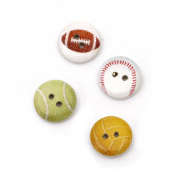Round wooden button, flat with print 15x3 mm hole 2 mm mix - 10 pieces