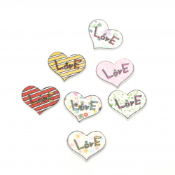 Heart wooden button, flat with print 20x25x2 mm hole 1.5 mm mix - 10 pieces