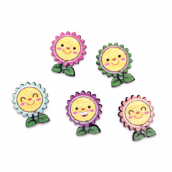 Flower wooden button, flat with print 28x23x2 mm hole 2 mm mix - 10 pieces