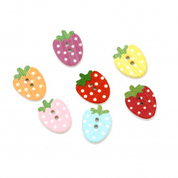 Strawberry wooden flat   button with print 15x12x2 mm hole 1.5 mm mix - 20 pieces