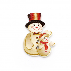Wooden Christmas button with a snowman design, 35x25x2 mm, hole size 1 mm - 10 pieces