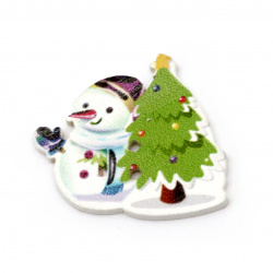 Wooden flat button Snowman with Christmas tree 30x33x2 mm hole 1 mm - 10 pieces