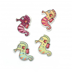 Seahorse wooden button, flat with print  30x27x2.5 mm hole 1.5 mm mix - 10 pieces