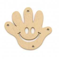 Wooden Figurine hand palm with smile 43x40x2mm hole 2mm color natural - 5 pieces