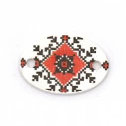 Oval Wooden Link Tile with Print of EMBROIDERY / 24x16x2 mm,  Holes: 2.5 mm - 10 pieces