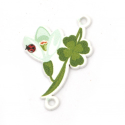 Wooden Connecting Element / Snowdrop with Clover / 30x20x2 mm, Holes: 2 mm - 10 pieces