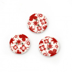 Round wooden button, flat with print 18x4 mm hole 1.5 mm white and red - 10 pieces