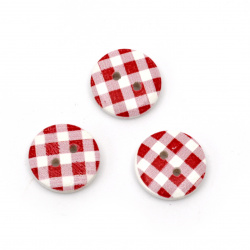Round wooden button, flat with print 15x4 mm hole 1.5 mm white and red - 10 pieces