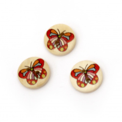Natural Wooden Button with Colorful Butterfly Print, 15x4 mm, Hole: 1.5 mm -10 pieces
