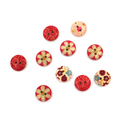 Round wooden button, flat with print 15x4 mm hole 1.5 mm color - 10 pieces