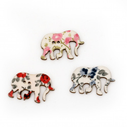 Elephant shaped wooden button, flat with print 21x30x2 mm hole 1 mm mix - 10 pieces