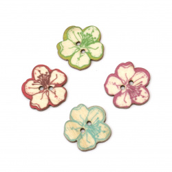 Flower shaped wooden button, flat with print 24x2 mm hole 2 mm mix - 10 pieces