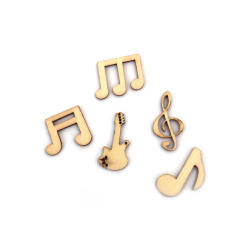 Wooden cabochons musical notes 20~30x14~21x3 mm Assorted shapes and sizes in natural color - 10 pieces