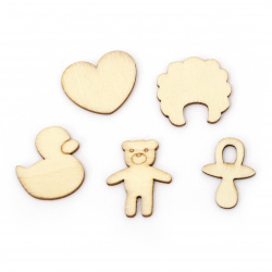Wooden cabochons baby collection 24.5~34x12.5~31x2.5 mm mixed shapes and sizes in natural wood color - 10 pieces