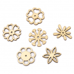 Wooden cabochons flowers 28~30x2.5 mm mixed shapes and sizes color natural wood -5 pieces