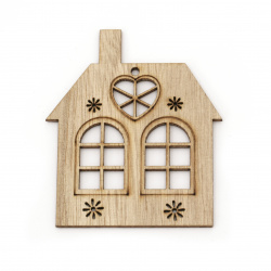 Wooden pendant house shape 65.5x78x2 mm hole 3 mm natural wood color -4 pieces