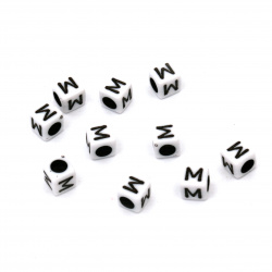 Two-tone Cube Bead with Letter "M", 6 mm, Hole: 4 mm, White and Black -20 grams ~ 95 pieces