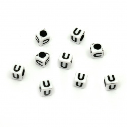 Two-tone Cube Bead with Letter "U", 6 mm, Hole: 4 mm, White and Black -20 grams ~ 95 pieces