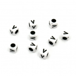 Two-tone Cube Bead with Letter "V", 6 mm, Hole: 4 mm, White and Black -20 grams ~ 95 pieces