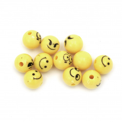 Acrylic Round Emoticon Beads, 10 mm, Hole: 3 mm, Yellow -20 grams ~ 45 pieces