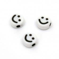 Coin-shaped Plastic Bead / Smile Face, 9x5 mm, Hole: 2.5 mm, White -20 grams ~ 66 pieces