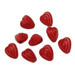 Acrylic heart solid bead for jewelry making, relief 12x11x8 mm hole 1 mm red - 50 grams ~ 100 pieces
