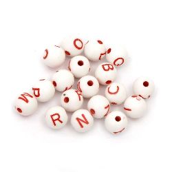 Мънисто прано топче с букви 8 мм дупка 2 мм бяло и червено -20 грама ~72 броя