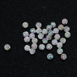 Mărgele de cristal în formă de sferă cu trandafir în relief, gaură de 8 mm, culoare alb curcubeu - 20 grame ~80 bucăți