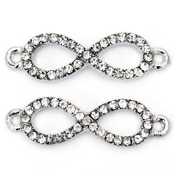 Jewelry finding, infinity sign metal connecting element with dazzling crystals 30x9x3 mm hole 1.5 mm silver color